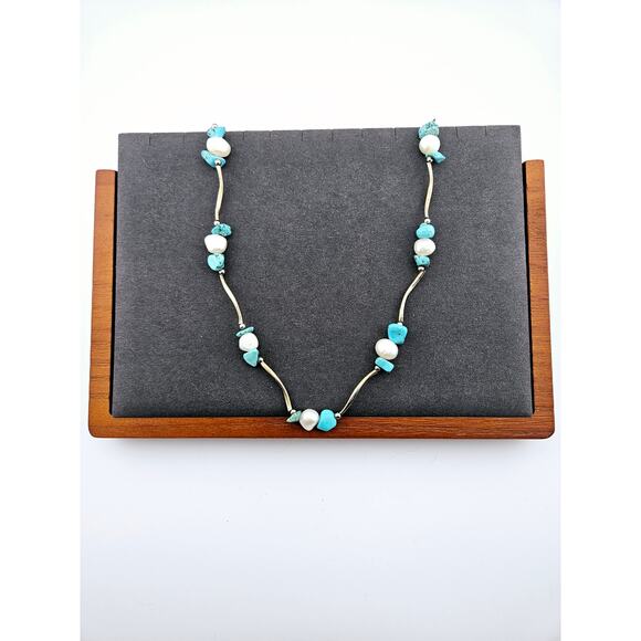Turquoise Chip And Pearl Beaded Silver Tone Spacer Necklace 21" Stackable - Picture 1 of 2